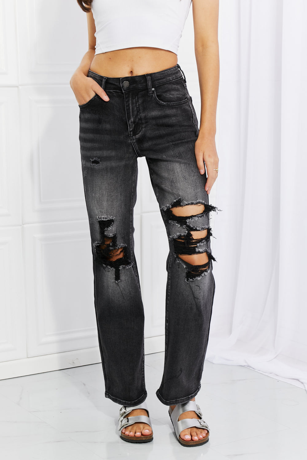 RISEN Full Size Lois Distressed Loose Fit Jeans