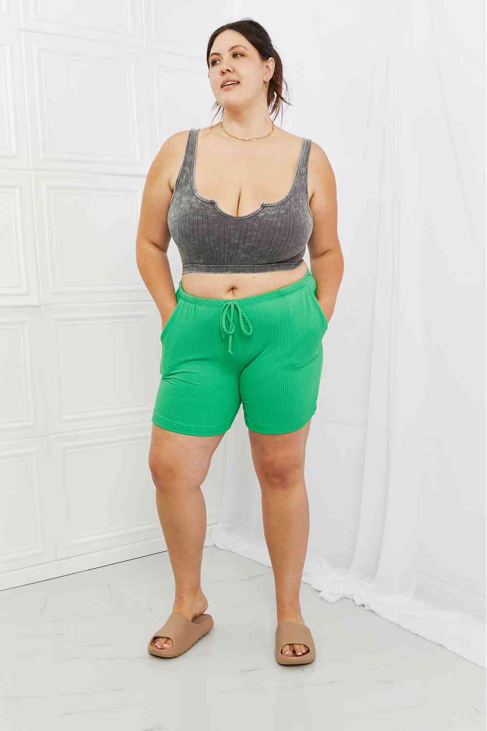 Blumin Apparel Too Good Full Size Ribbed Shorts in Green